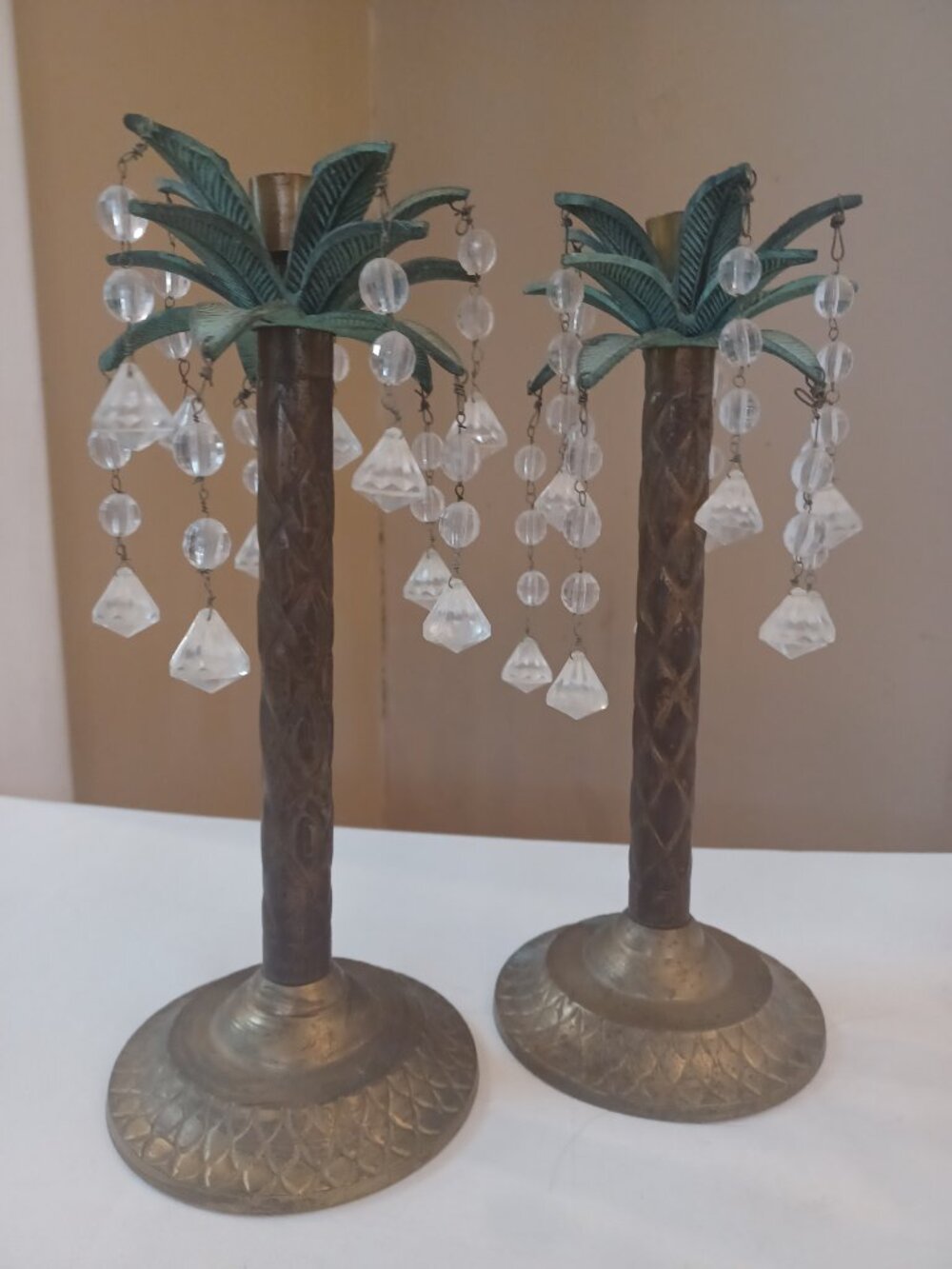 Vintage Set Of 2 Brass Palm Tree Candlesticks with Crystal Prisms Made in India